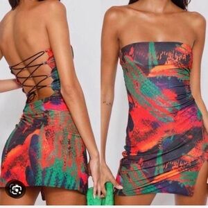 Tiger Mist Red Green Strapless Bodycon Dress